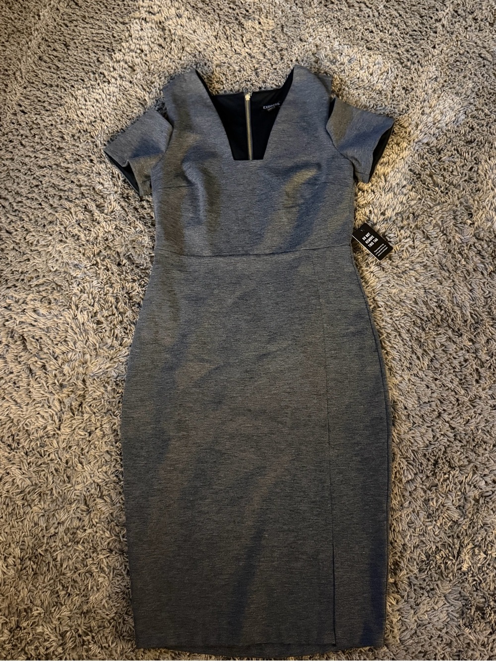 Express Gray Midi Sheath Dress with Notch V-Neck